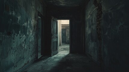 Fototapeta premium Abandoned Hallway in Dimly Lit Old Building with Peeling Walls