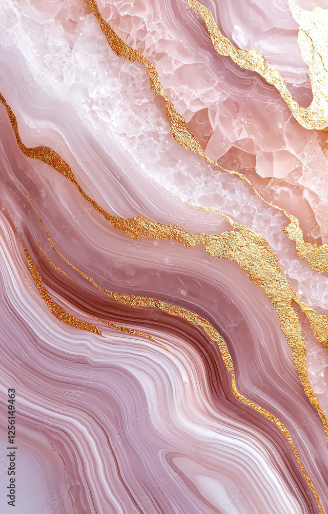 Poster elegant pink and gold marble texture with golden veins, showcasing beautiful blend of soft hues and 