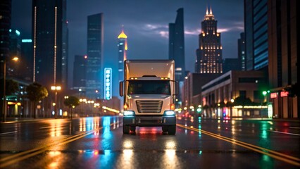 Fototapeta premium Urban Night Scene with Truck in Empty Street Against Skyscrapers and Dramatic Lighting