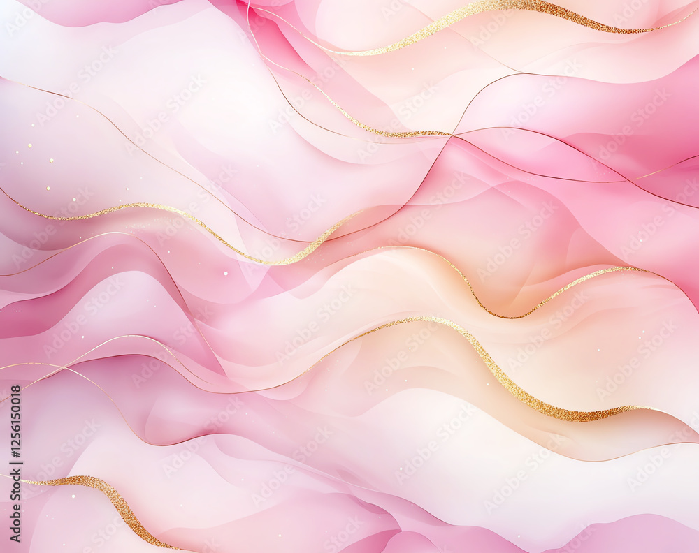 Poster soft pink and white watercolor background with flowing lines and gold accents, creating serene and e