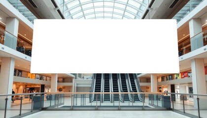 Fototapeta premium Blank white banner hanging in a modern shopping mall. Ideal for advertising mockups, retail spaces, and design elements. Escalators and shops in background.