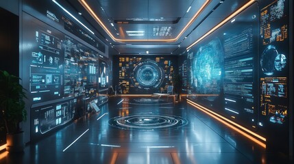 Fototapeta premium Futuristic control room with holographic displays and data visualizations.