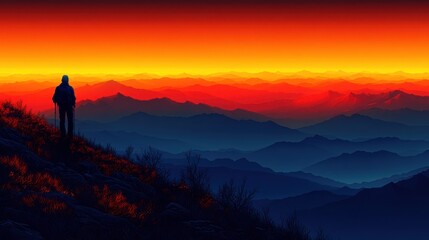 Silhouette of hiker on mountaintop at vibrant sunset, overlooking vast mountain range.