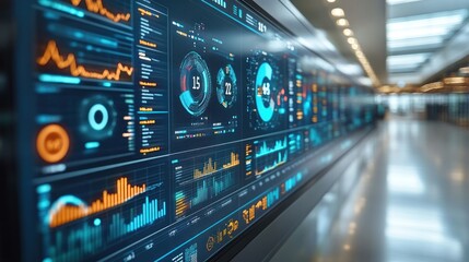 Fototapeta premium Futuristic digital dashboard displaying real-time data analytics in a modern office hallway.