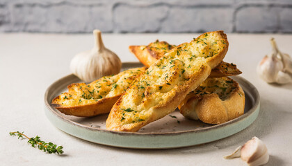 Cheesy garlic baguette on ceramic plate. Tasty food. Appetizing snack. Cooking and culinary concept