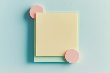 Pastel Minimalism: A  blank yellow square card nestled on green and light blue backgrounds, adorned with two pastel pink circles, offers a clean, modern aesthetic for branding, announcements.