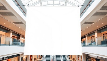 Blank white banner hanging in a modern shopping mall.  Ideal for advertising mockups, retail spaces, and design elements. Escalators and shops in background.