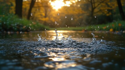 Fototapeta premium Water splashing in a creek at sunset in autumn.