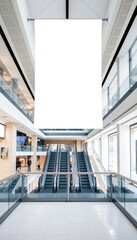 Blank white banner hanging in a modern shopping mall.  Ideal for advertising mockups, retail spaces, and design elements. Escalators and shops in background.