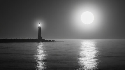 Black and White Serene Lighthouse at Dusk Over Calm Sea with Soft Reflections and Bright Moonlight