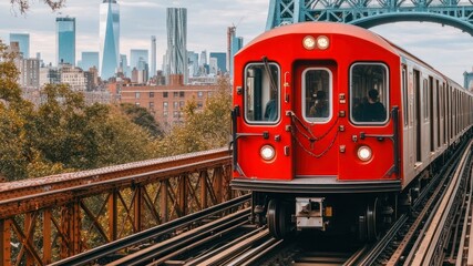 Naklejka premium Red subway train crossing a bridge with city skyline in background.