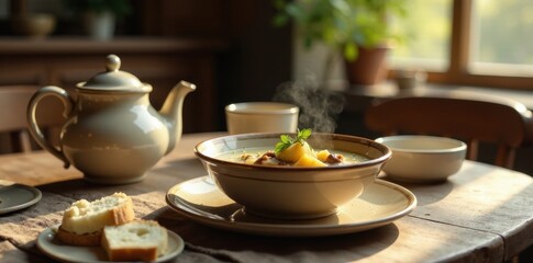 Fototapeta premium Warm comforting bowl of hearty potato soup steaming on rustic wooden table with teapot and bread