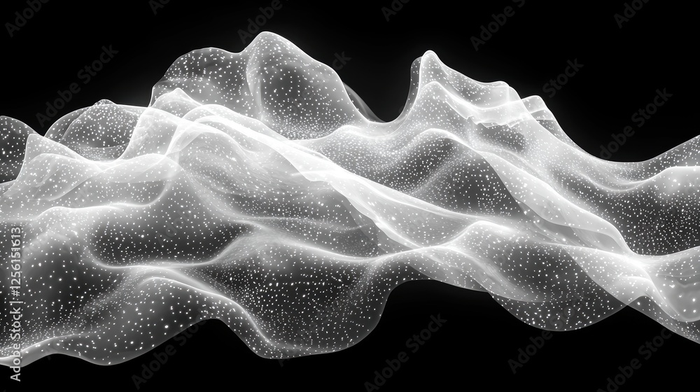 Poster abstract wave-like structure with a flowing, ethereal quality in monochrome.