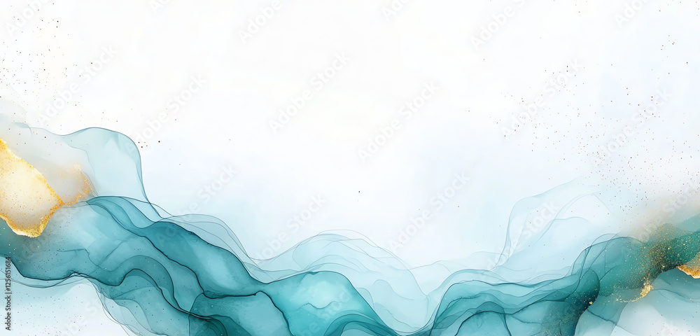 Poster watercolor abstract background with blue, teal, and green waves, featuring soft lines and serene atm