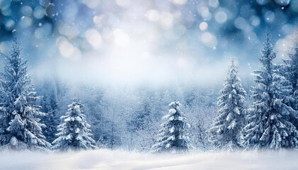 Fototapeta premium frosty winter landscape in snowy forest christmas background with fir trees and blurred background of winter