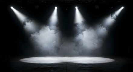 Un escenario tenuemente iluminado con piso de concreto, iluminado por focos brillantes desde arriba. El fondo está lleno de una neblina de humo