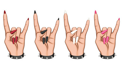 Female Hand in Rock Gesture illustration. Heavy Metal Sign. Female Hand with Beautiful Manicure and Rings.  Beauty Salon design concept HAND DRAWN vector art