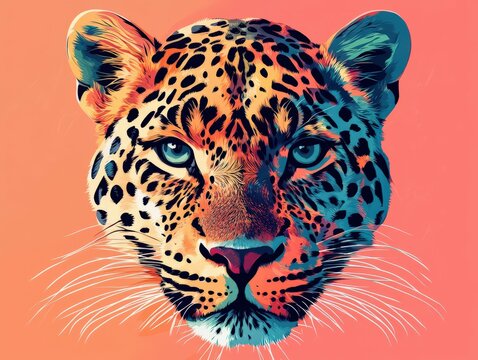 Vibrant leopard face with striking features on sunset background