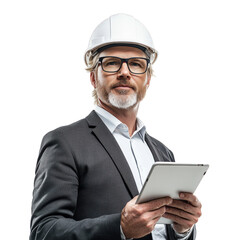 An engineer wearing a safety helmet holding a tablet computer in his hand