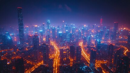 Fototapeta premium Night cityscape with vibrant lights and highways.