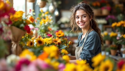 Young florist arranging vibrant flower bouquet in cozy shop