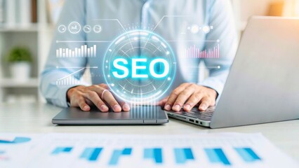 Hands Working on Laptop with SEO Graphics and Analytics Data in Modern Office Setting
