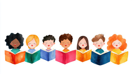 A colorful illustration of diverse children happily reading books together, showcasing joy and the love of learning.
