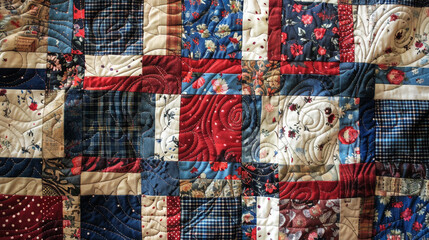 A traditional patchwork quilt featuring a mix of square and rectangular blocks in rich colors of red, blue, and cream. The intricate seams and varying patterns are captured clearly in high definition.