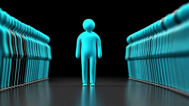 Man stands in the middle of a crowd of people. The crowd is blue and black. The man is the only one in the blue