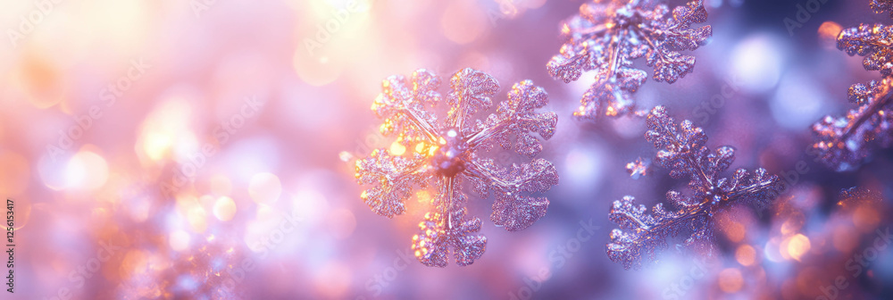 Poster snow crystals form intricate patterns and reflect light in a vibrant background