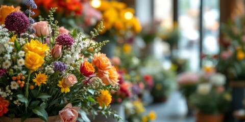 Naklejka premium Colorful flowers like roses and other floral varieties beautifully set in an arrangement within a cozy, warmly lit florist shop, creating a serene and enchanting ambiance.