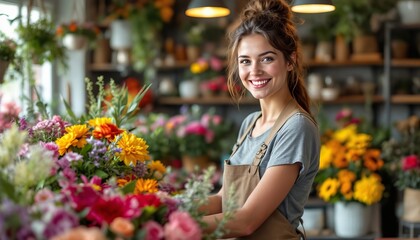 Smiling florist wearing an apron surrounded by colorful flower arrangements in a quaint flower shop