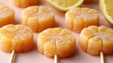 Frozen citrus fruit lollipops on pink background.