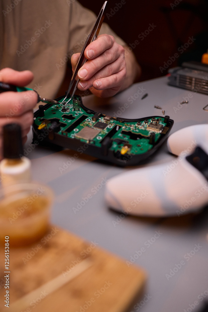 Poster hands carefully repairing a circuit board with a soldering tool for electronics projects