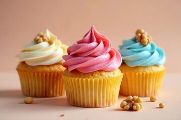 Three pastel cupcakes with swirls of frosting and crunchy toppings, arranged on a soft background