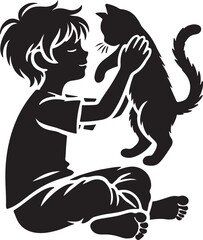 A boy with a cat icon silhouette vector with white background