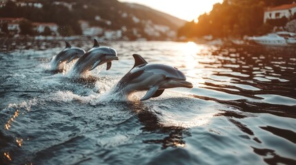 Obraz premium Three dolphins leaping in the ocean during sunset near a coastal town.