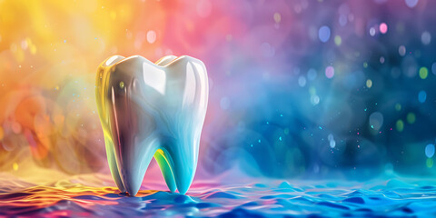 Colorful Background with Glowing Lights and a Glossy White Tooth
