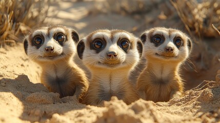 Fototapeta premium Three meerkat pups peering from sand burrow.