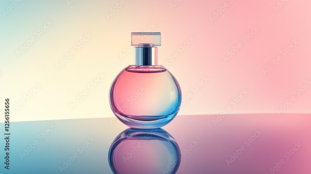 Poster sleek cosmetic bottle on a reflective surface with a pastel background and space for text usage. gen
