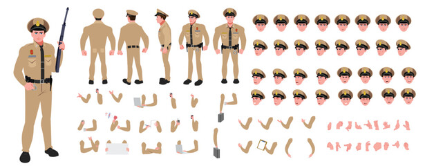 
Police Officer Character Design Model Sheet. Man, Character design. Front, side, back view and explainer animation poses. Character set with lip sync and facial expressions of Happy, angry, sad, Joy 