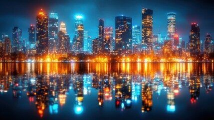 Vibrant cityscape at night reflected in calm water.