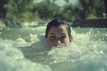 Obraz premium Young woman swimming in outdoor pool surrounded by bubbles and nature