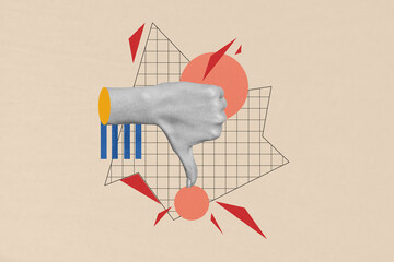 Poster sketch image artwork photo collage of body language finger showing gesture symbol thumb down dislike dissatisfied minus no opinion