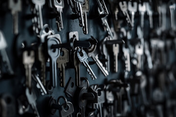Wall display of assorted metal keys in focus with blurred background
