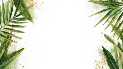 watercolor palm sunday card, a palm sunday greeting card with watercolor-style green palm leaves and delicate golden touches, featuring a blank white center for text