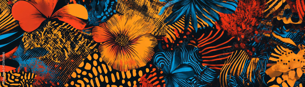 Aufkleber interlocking floral shapes with vibrant african patterns and rich textures on a bright background