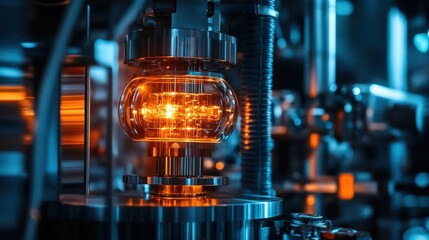 A futuristic, glowing, transparent device with intricate circuitry and crystal-like structures on top, emitting a blue light. The device appears to be a high-tech artifact or a piece of advanced techn