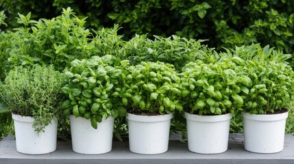 Fresh herbs in pots on a patio, outdoor gardening, culinary