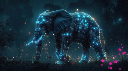 Glowing elephant in dark forest.